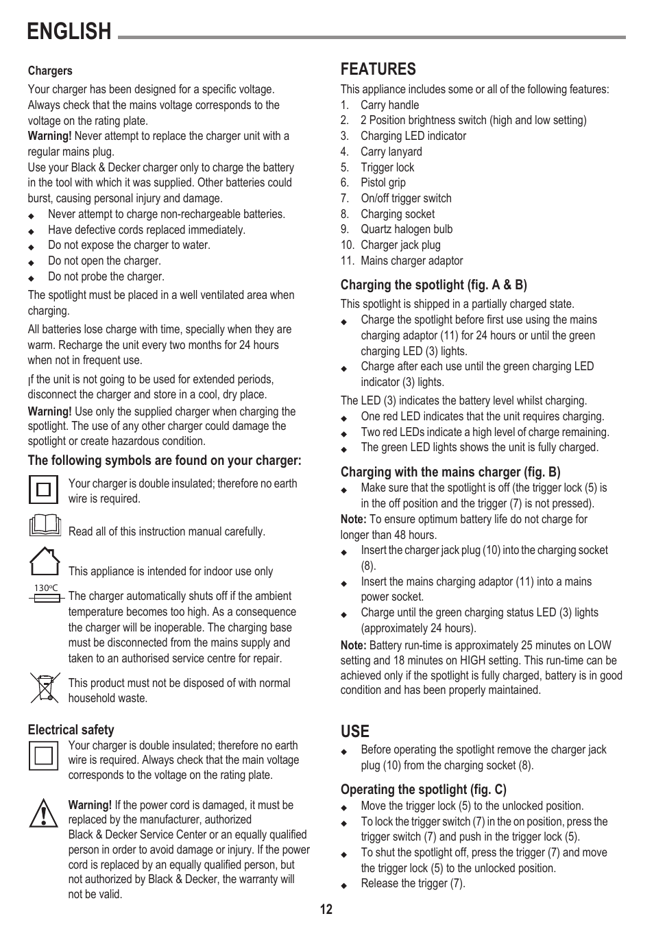 English, Features | Black & Decker BSL301 User Manual | Page 12 / 14