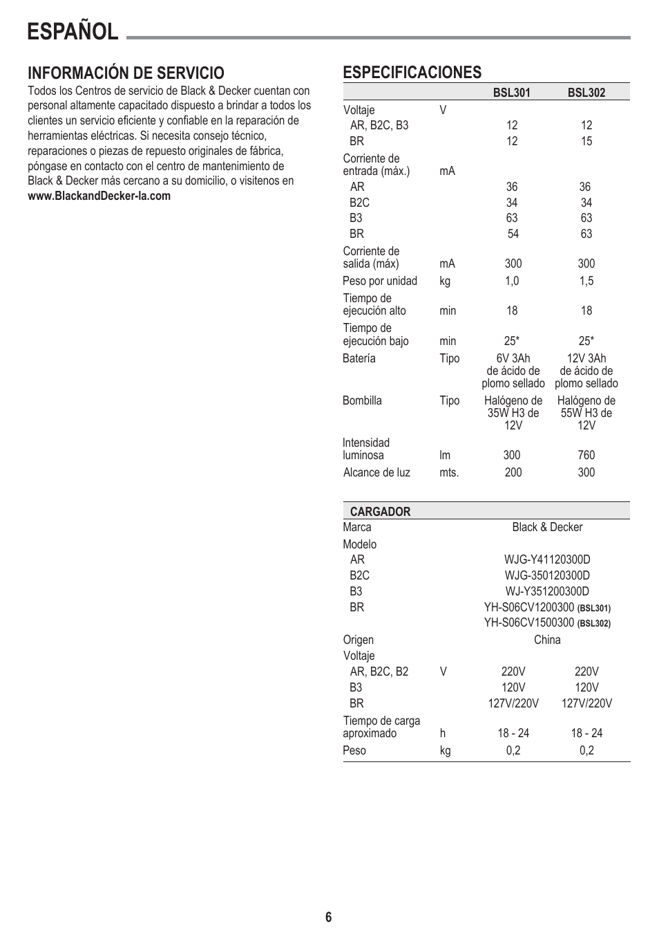 Español, Especificaciones, Información de servicio | Black & Decker BSL301 User Manual | Page 6 / 14