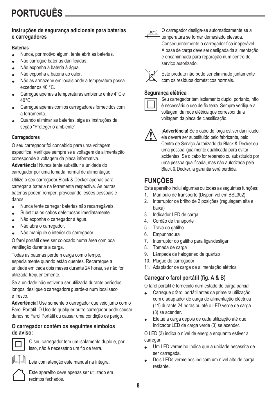 Português, Funções | Black & Decker BSL301 User Manual | Page 8 / 14