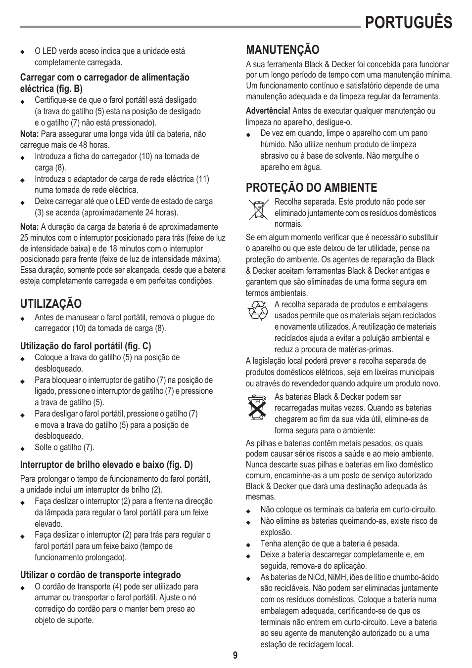 Português, Utilização, Manutenção | Proteção do ambiente | Black & Decker BSL301 User Manual | Page 9 / 14