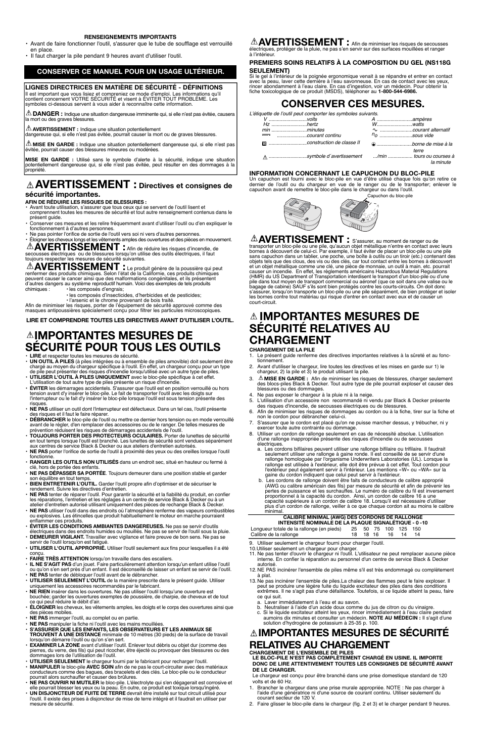 Avertissement, Conserver ces mesures | Black & Decker Cordless Broom NS118G User Manual | Page 3 / 6