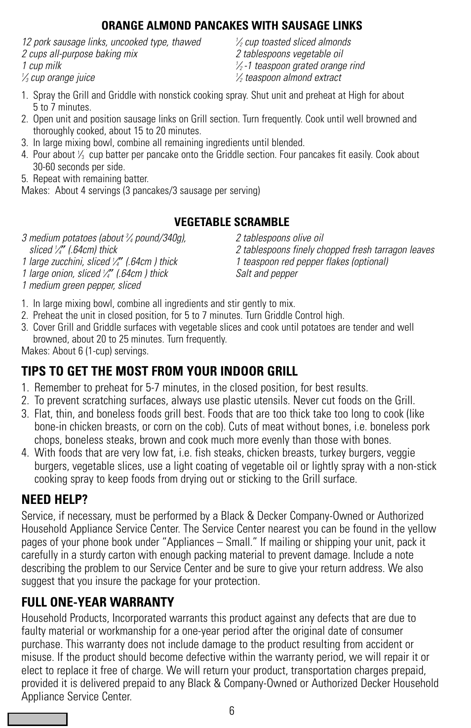 Warranty, Tips to get the most from your indoor grill, Need help | Full one-year warranty, 6orange almond pancakes with sausage links, Vegetable scramble | Black & Decker IG200 Series User Manual | Page 6 / 20