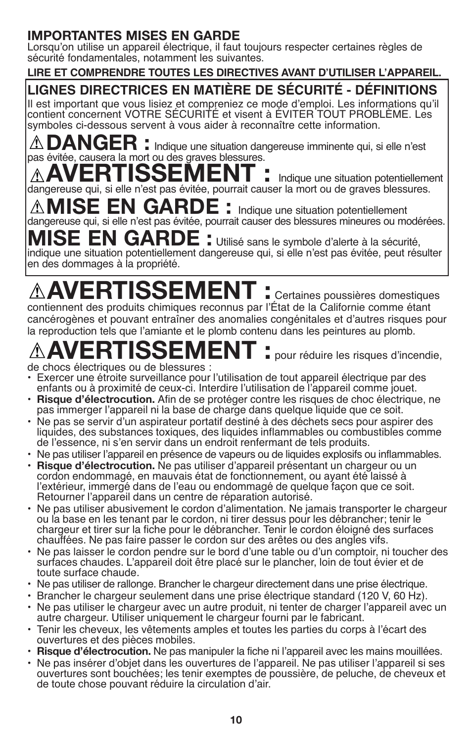 Avertissement, Danger, Mise en garde | Black & Decker 90564858 User Manual | Page 10 / 28