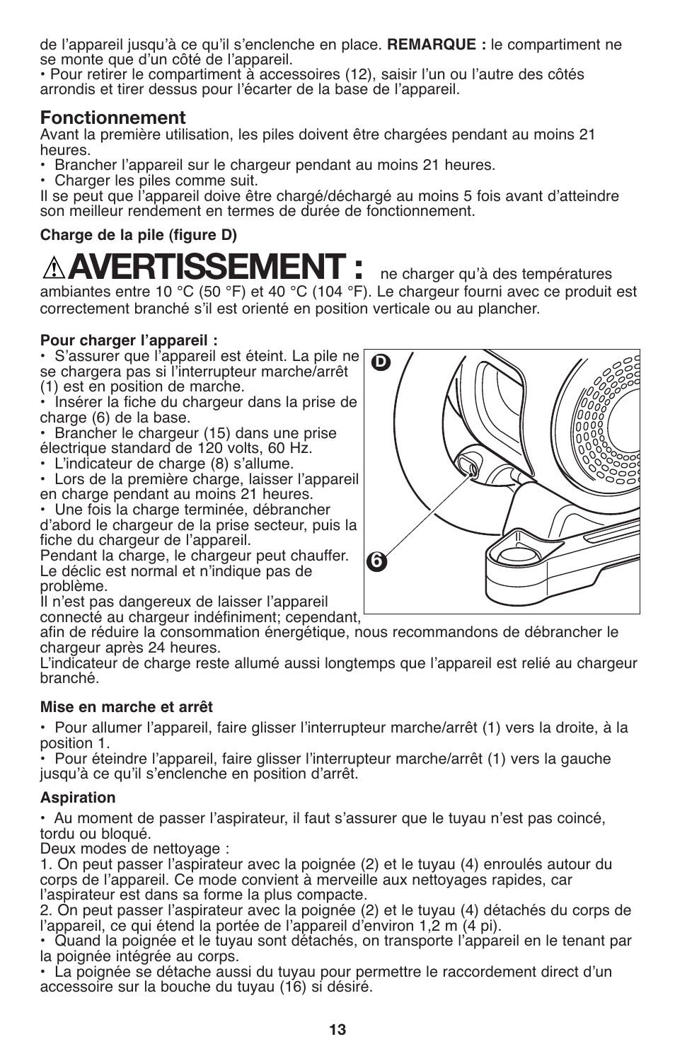 Avertissement, Fonctionnement | Black & Decker 90564858 User Manual | Page 13 / 28