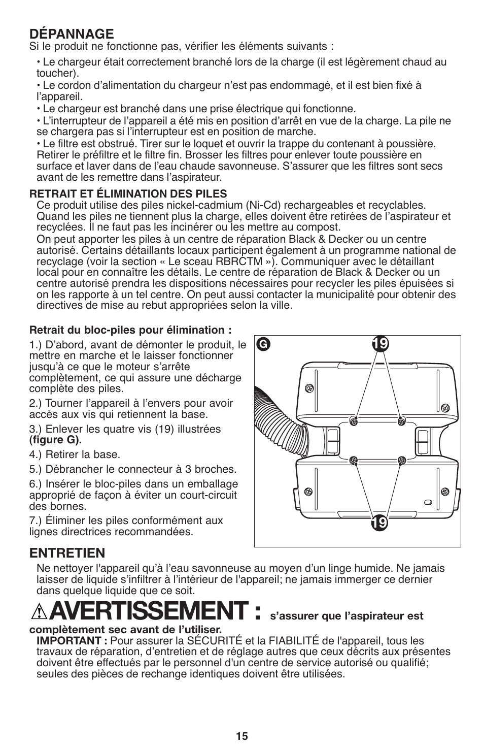 Avertissement, Dépannage, Entretien | Black & Decker 90564858 User Manual | Page 15 / 28