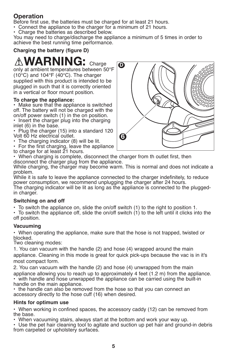 Warning, Operation | Black & Decker 90564858 User Manual | Page 5 / 28