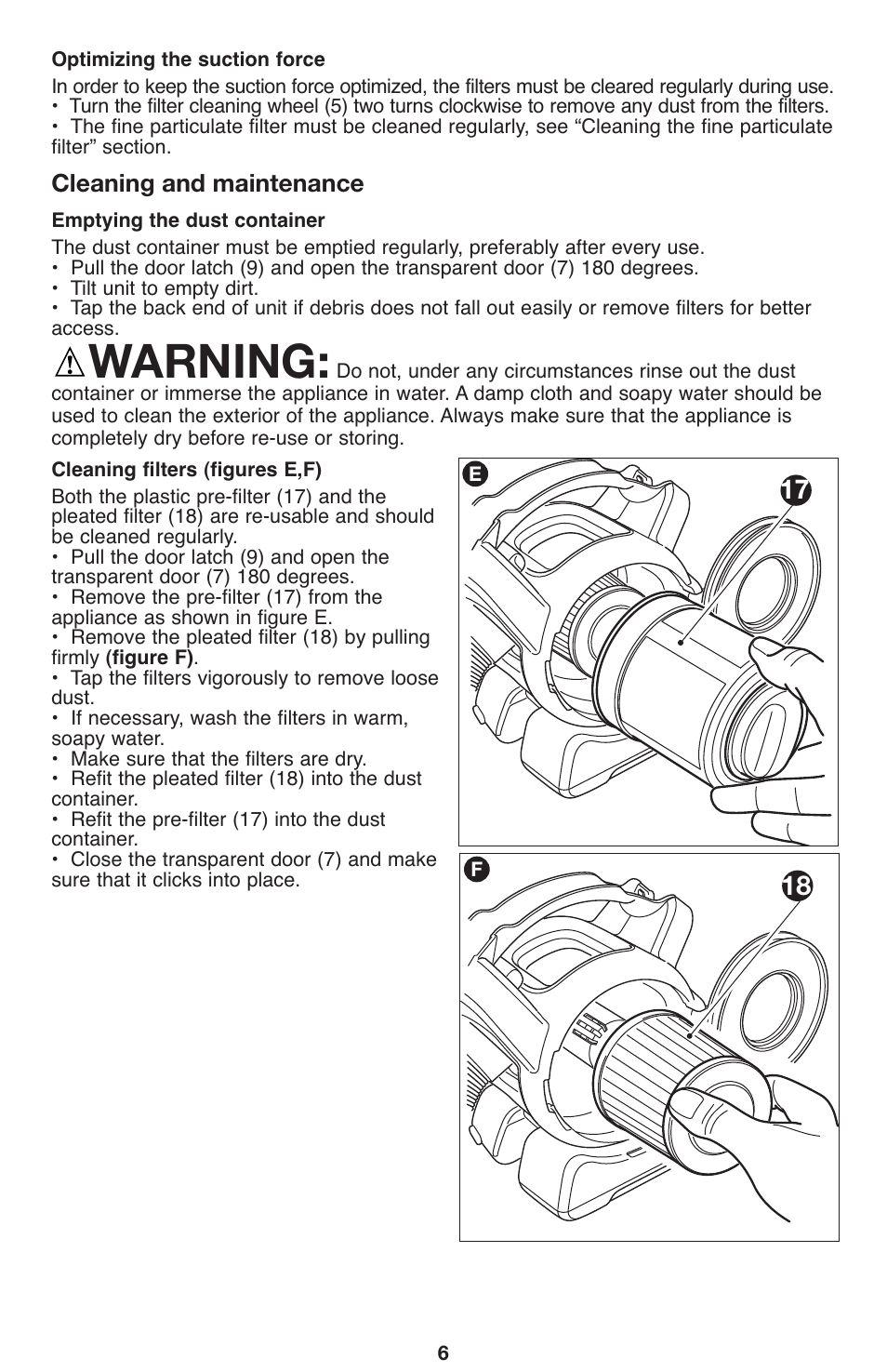 Warning, Cleaning and maintenance | Black & Decker 90564858 User Manual | Page 6 / 28