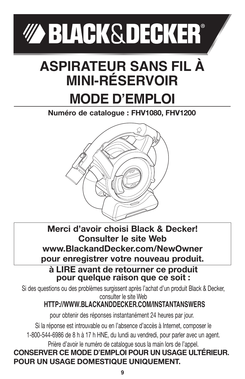 Mode dʼemploi, Aspirateur sans fil à mini-réservoir | Black & Decker 90564858 User Manual | Page 9 / 28