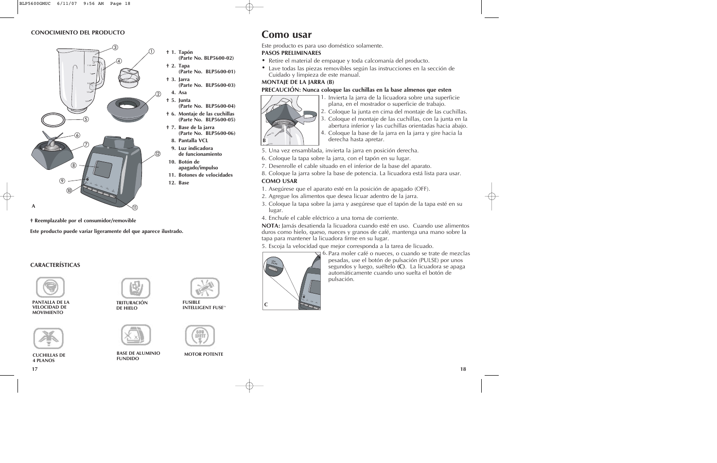 Como usar, Conocimiento del producto, Características | Black & Decker iBLEND BLP5600GM User Manual | Page 10 / 25