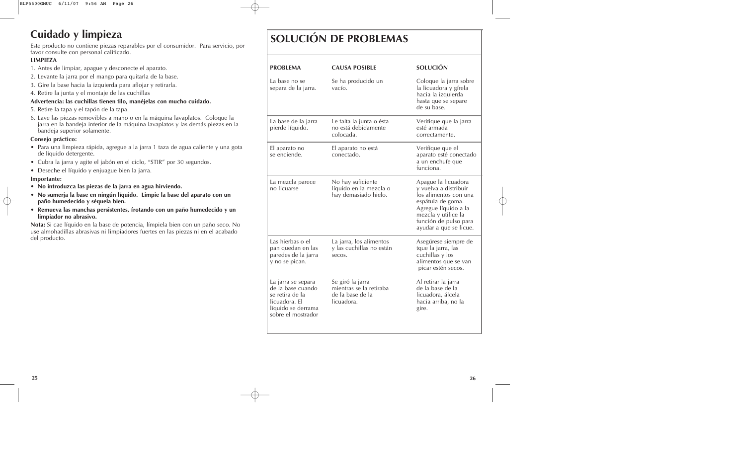 Cuidado y limpieza, Solución de problemas | Black & Decker iBLEND BLP5600GM User Manual | Page 14 / 25