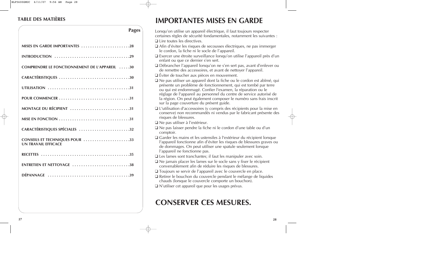 Importantes mises en garde, Conserver ces mesures | Black & Decker iBLEND BLP5600GM User Manual | Page 15 / 25