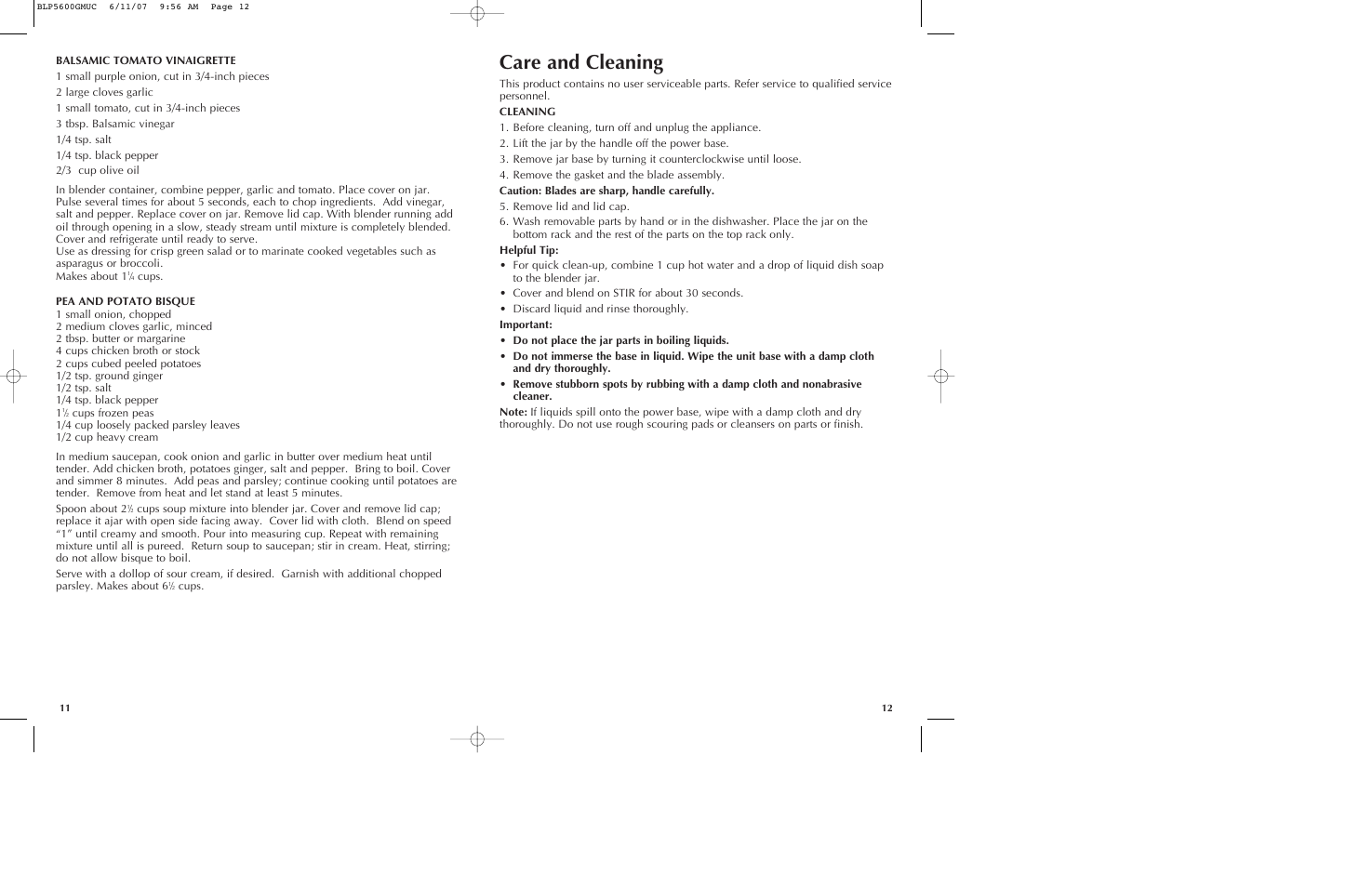 Care and cleaning | Black & Decker iBLEND BLP5600GM User Manual | Page 7 / 25