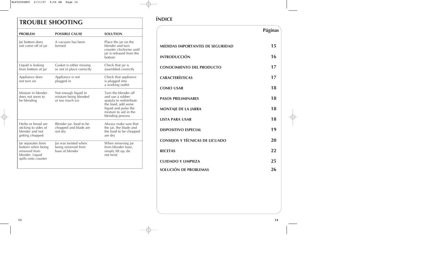 Trouble shooting, Índice páginas | Black & Decker iBLEND BLP5600GM User Manual | Page 8 / 25