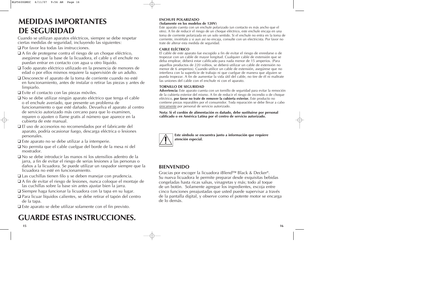 Medidas importantes de seguridad, Guarde estas instrucciones | Black & Decker iBLEND BLP5600GM User Manual | Page 9 / 25