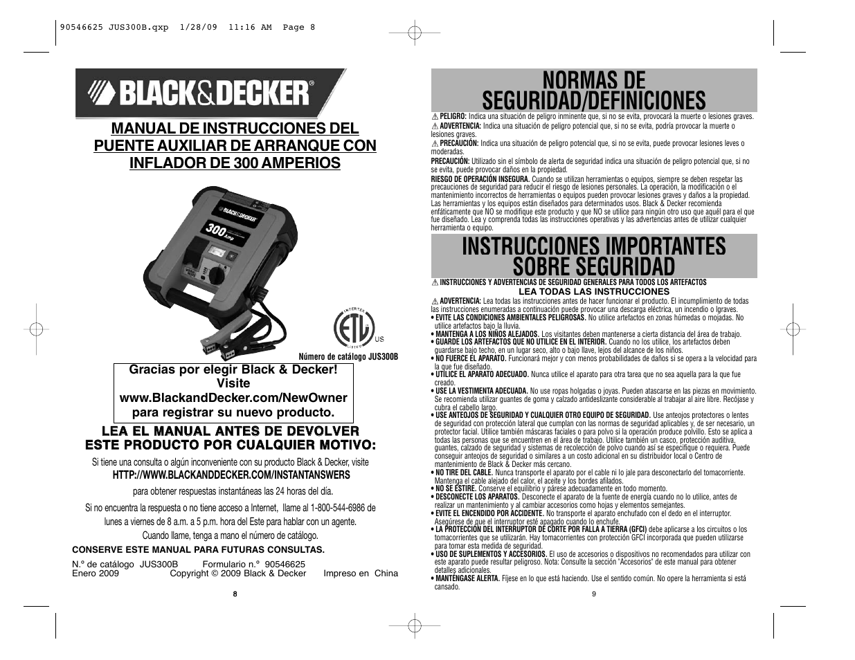 Normas de seguridad/definiciones, Instrucciones importantes sobre seguridad | Black & Decker 90546625 User Manual | Page 5 / 8