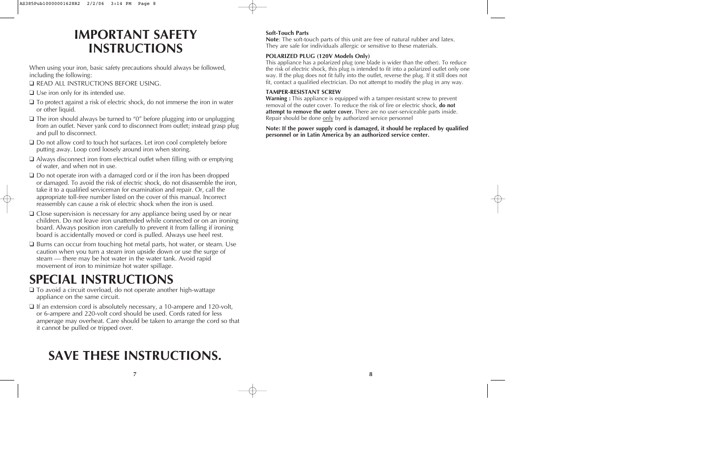 Special instructions | Black & Decker AVANTSTEAM AS385 User Manual | Page 5 / 9