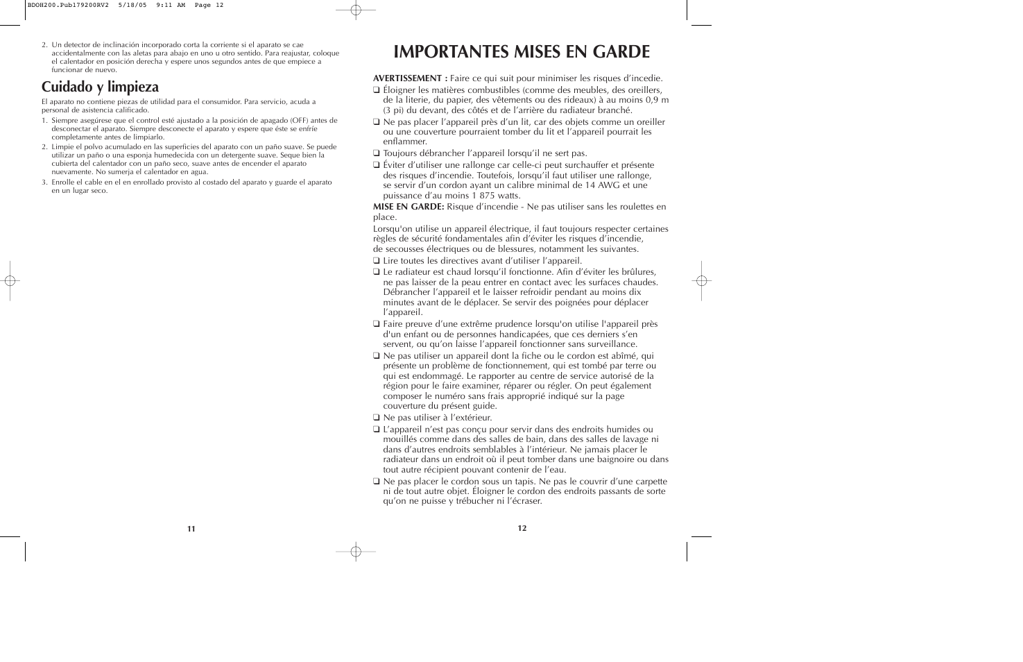 Importantes mises en garde, Cuidado y limpieza | Black & Decker BDOH200C User Manual | Page 7 / 13