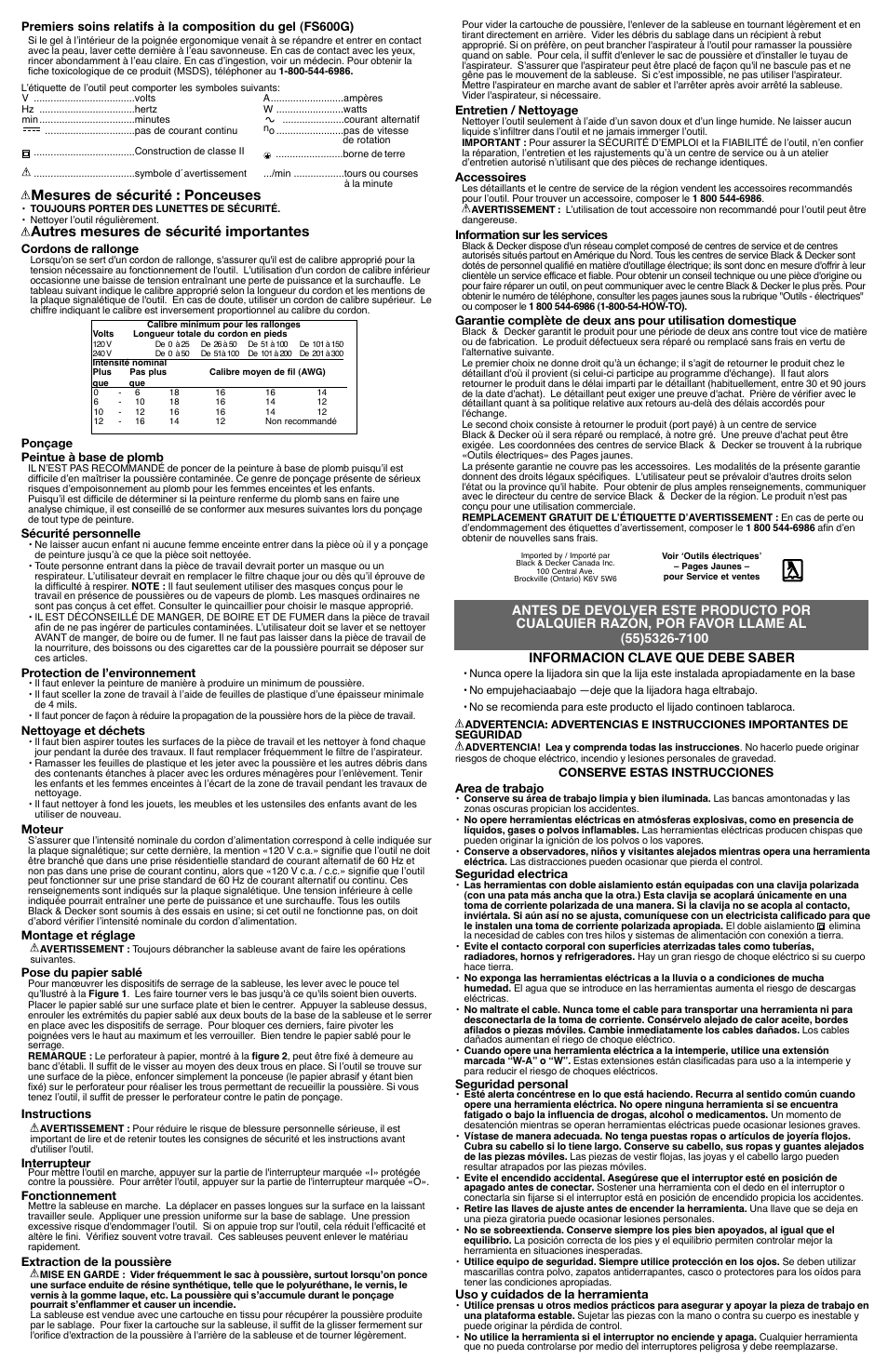 Mesures de sécurité : ponceuses, Autres mesures de sécurité importantes, Informacion clave que debe saber | Black & Decker S520 User Manual | Page 3 / 4