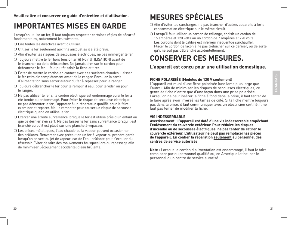 Importantes mises en garde, Mesures spéciales, Conserver ces mesures | Black & Decker First Impressions ICR515 User Manual | Page 11 / 15