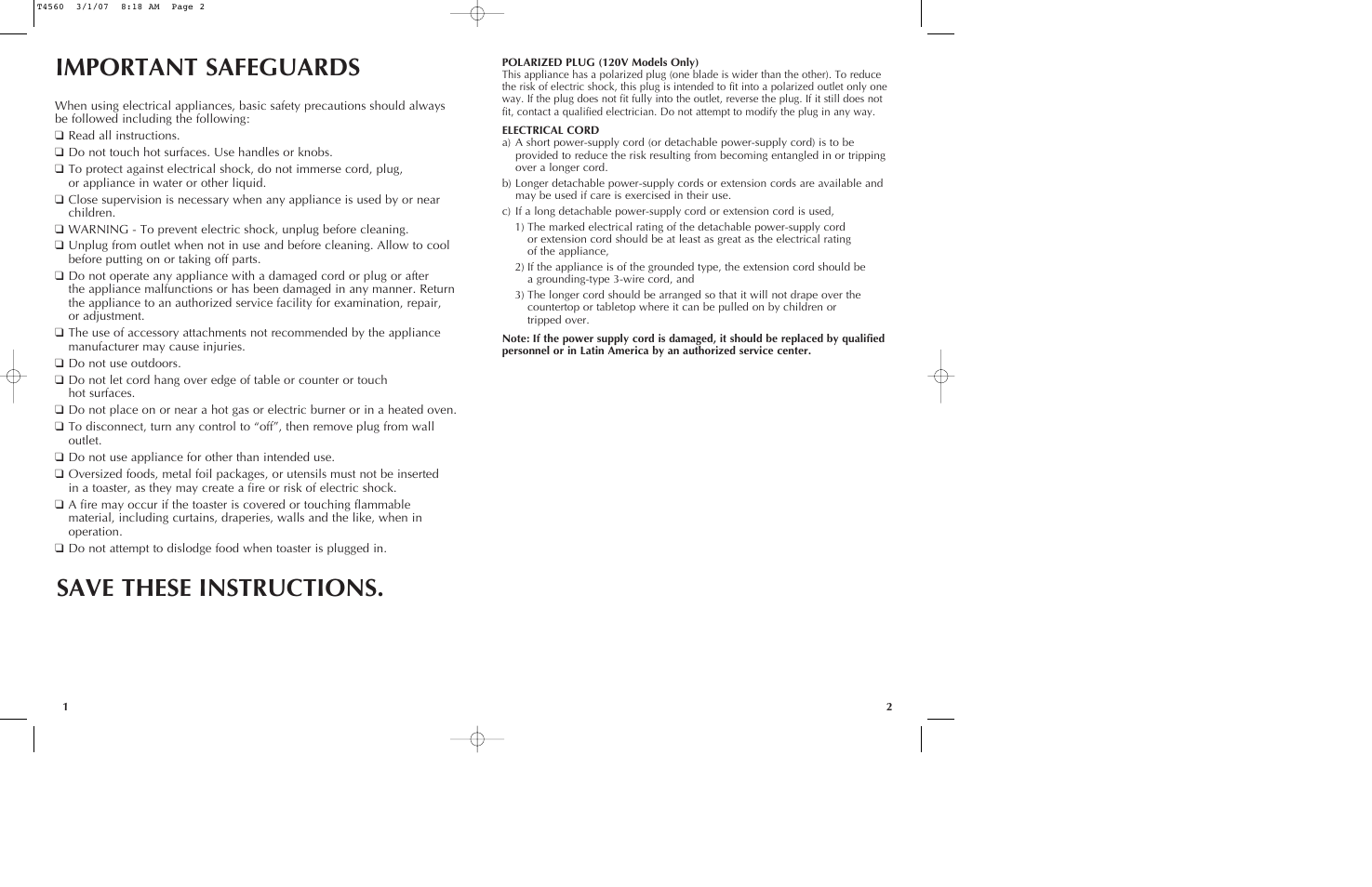 Important safeguards save these instructions | Black & Decker T2560 User Manual | Page 2 / 13
