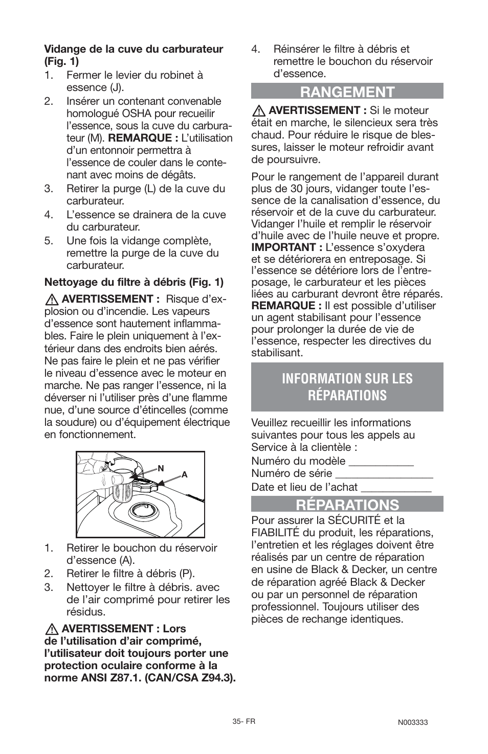 Rangement, Réparations, Information sur les réparations | Black & Decker BD168F User Manual | Page 35 / 68