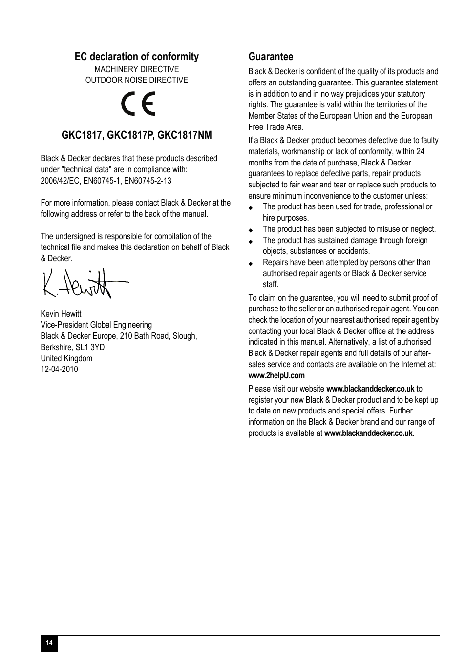 Ec declaration of conformity, Guarantee | Black & Decker GKC1817P User Manual | Page 14 / 16