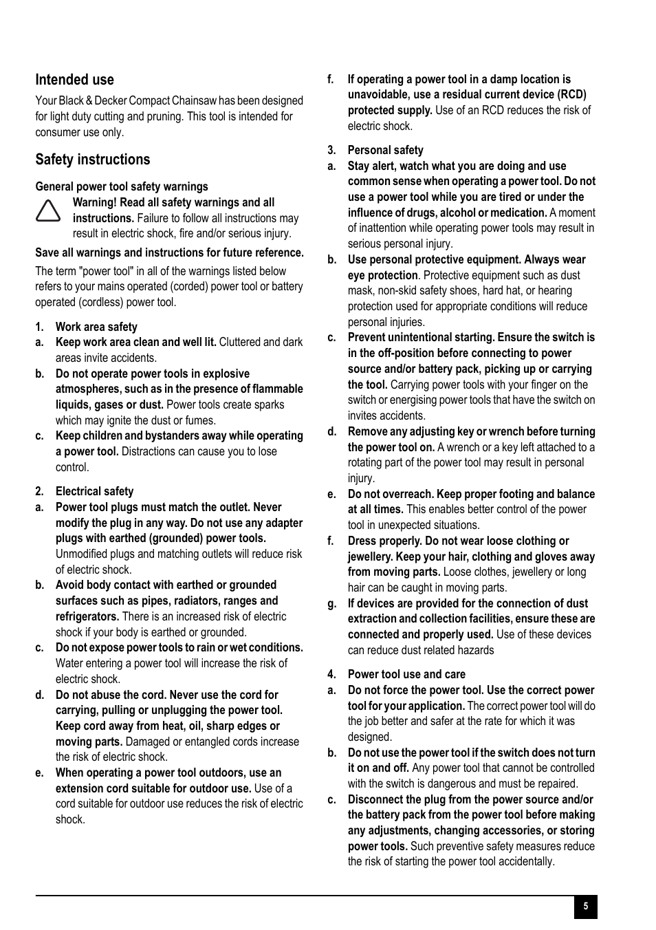 Intended use, Safety instructions | Black & Decker GKC1817P User Manual | Page 5 / 16