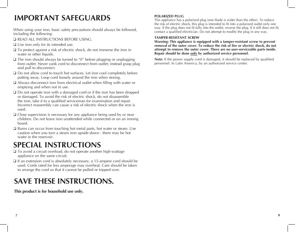 Important safeguards, Special instructions, Save these instructions | Black & Decker Avant Steam F985 User Manual | Page 5 / 11