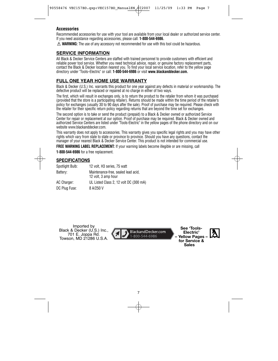 Black & Decker V-2 MILLION POWER SERIES VEC157BD User Manual | Page 8 / 26