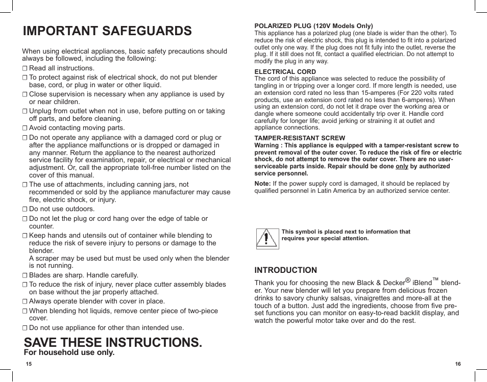 Important safeguards, Save these instructions | Black & Decker iBLEND BLP5601KT User Manual | Page 9 / 18