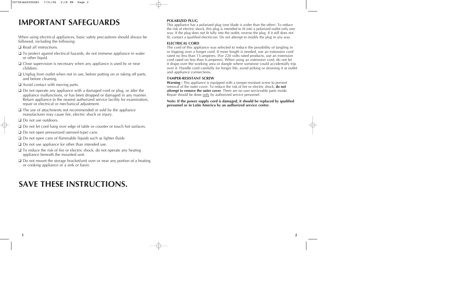 Important safeguards save these instructions | Black & Decker CO85BM User Manual | Page 2 / 13