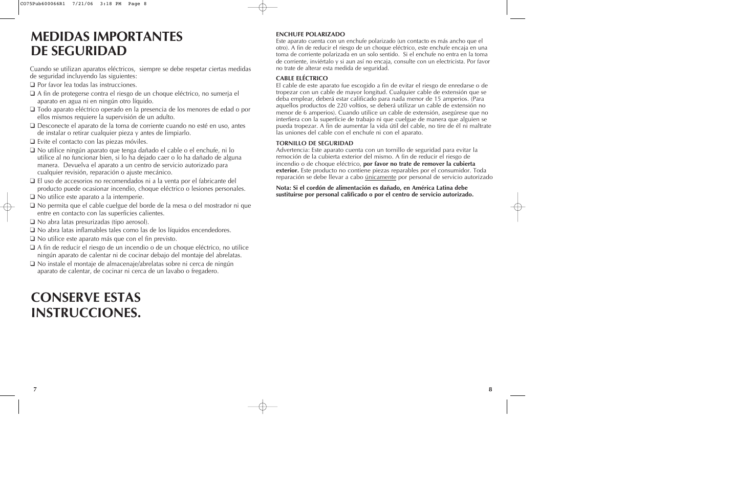 Medidas importantes de seguridad, Conserve estas instrucciones | Black & Decker CO85BM User Manual | Page 5 / 13