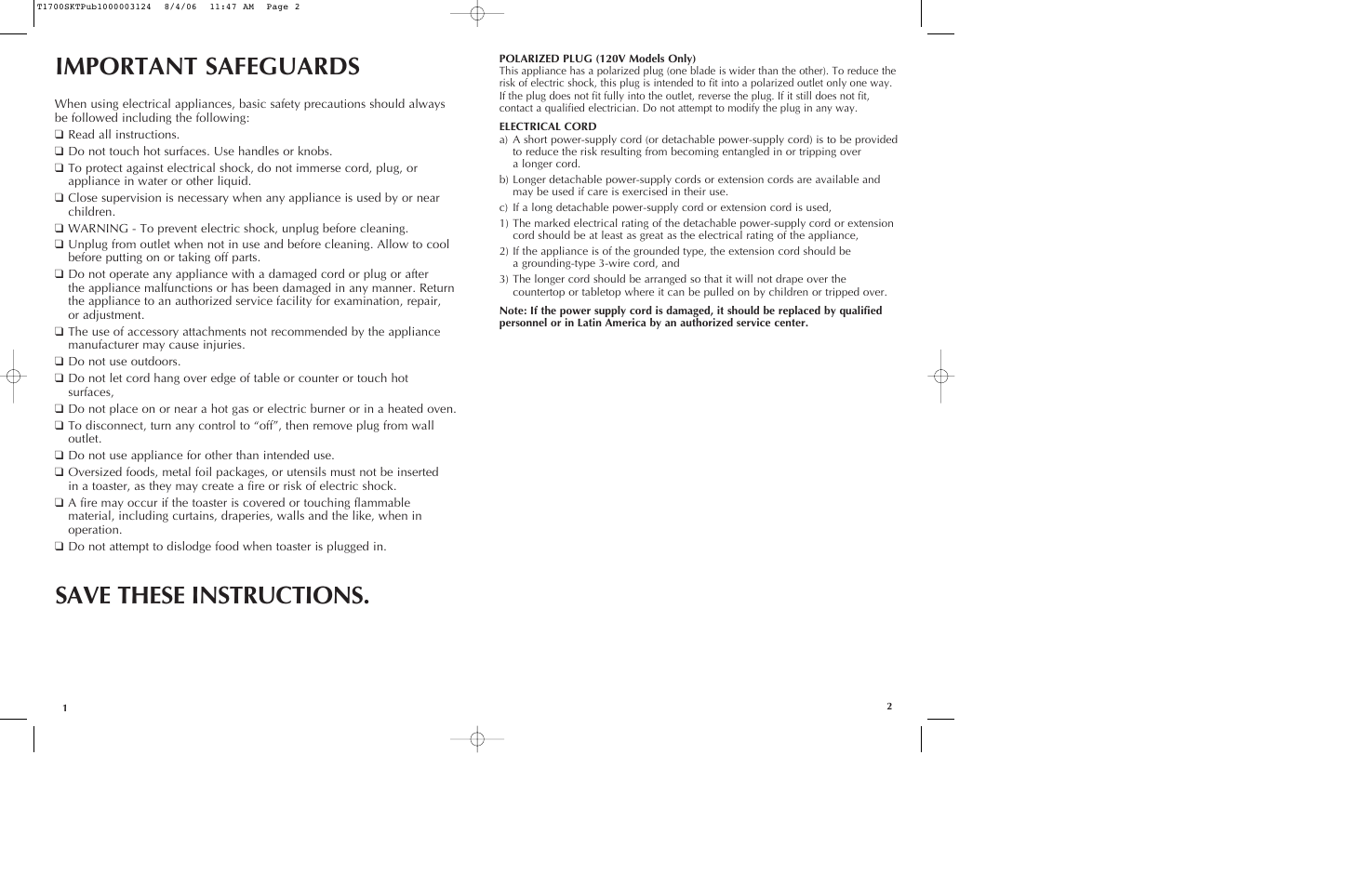 Important safeguards, Save these instructions | Black & Decker T1700S User Manual | Page 2 / 11