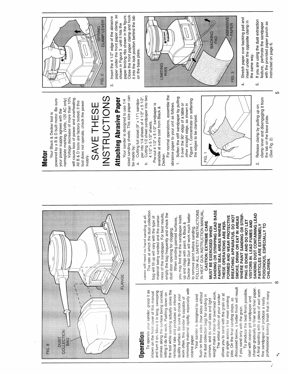 Save these instructions, Operation, Motor | Attaching abrasive paper | Black & Decker 4011 User Manual | Page 5 / 6