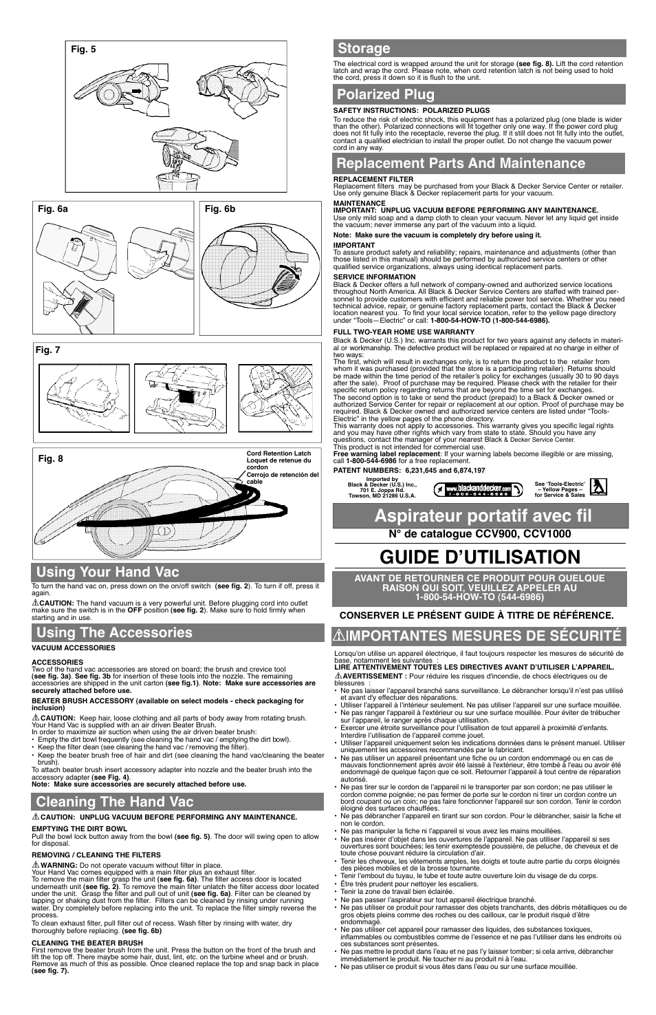 Guide d’utilisation, Aspirateur portatif avec fil, Replacement parts and maintenance storage | Importantes mesures de sécurité | Black & Decker CCV1000 User Manual | Page 2 / 4