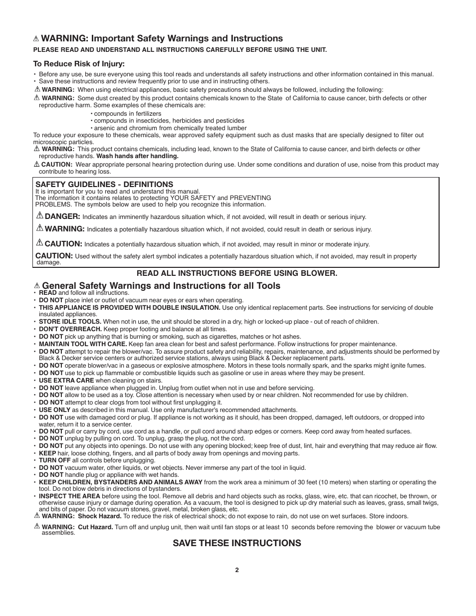 Save these instructions | Black & Decker 90538065 User Manual | Page 2 / 20
