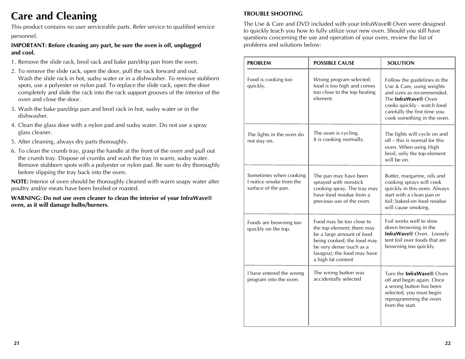 Care and cleaning | Black & Decker INFRAWAVE FC360 User Manual | Page 12 / 39