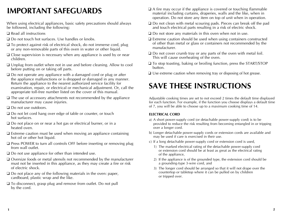 Important safeguards save these instructions | Black & Decker INFRAWAVE FC360 User Manual | Page 2 / 39