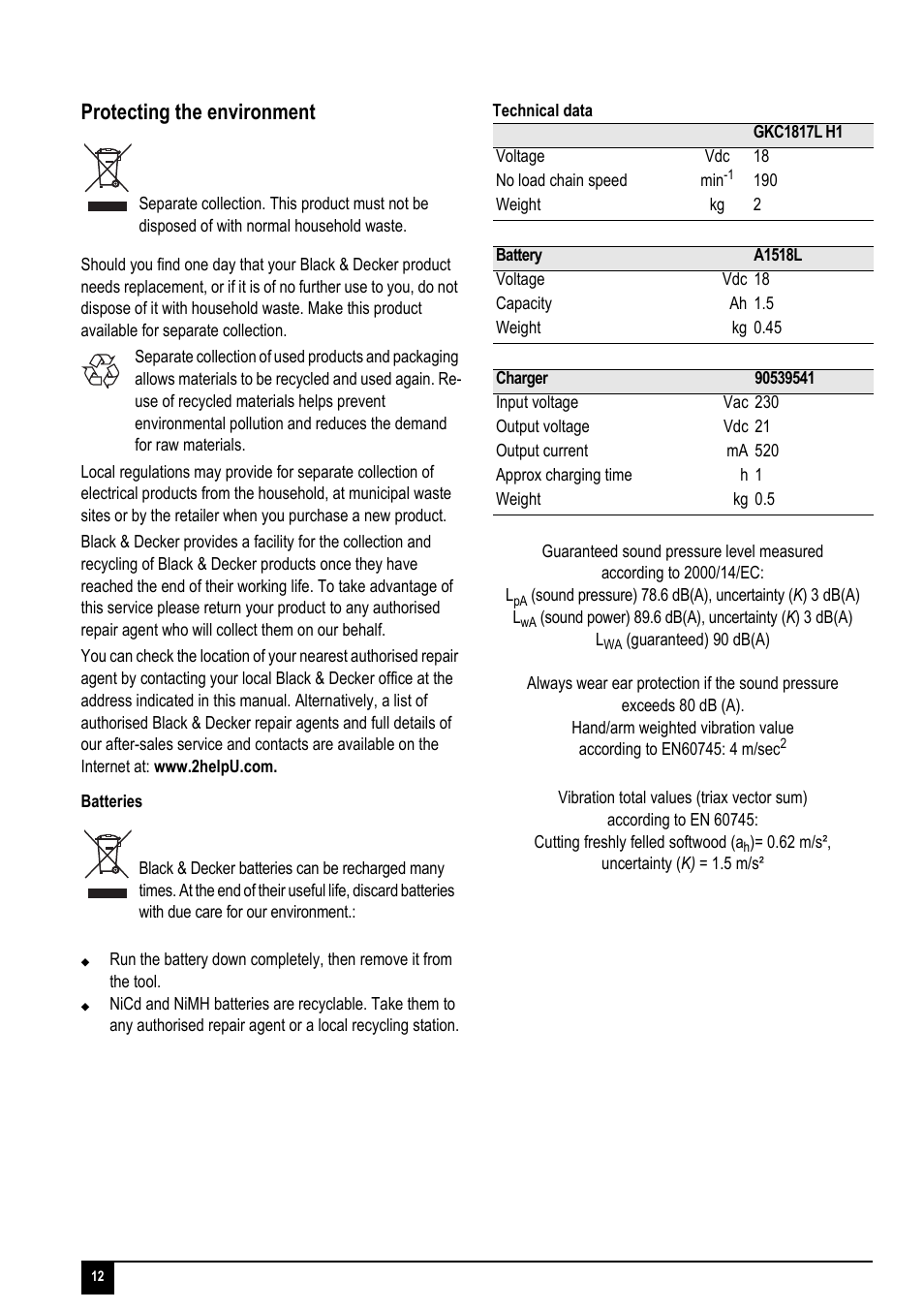 Protecting the environment | Black & Decker Powerufl Solutions GKC1817L User Manual | Page 12 / 16