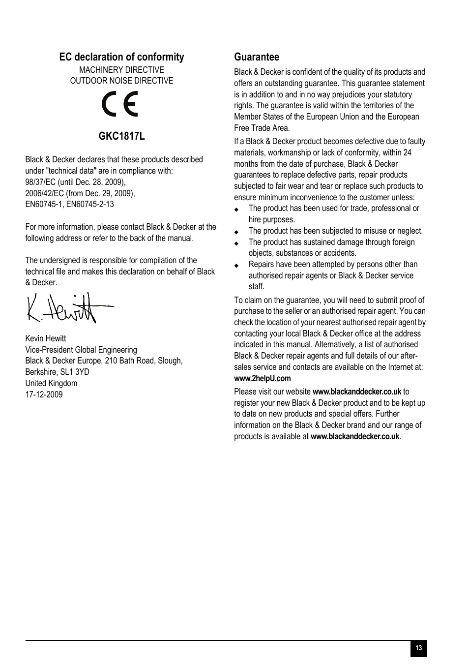 Ec declaration of conformity, Gkc1817l, Guarantee | Black & Decker Powerufl Solutions GKC1817L User Manual | Page 13 / 16