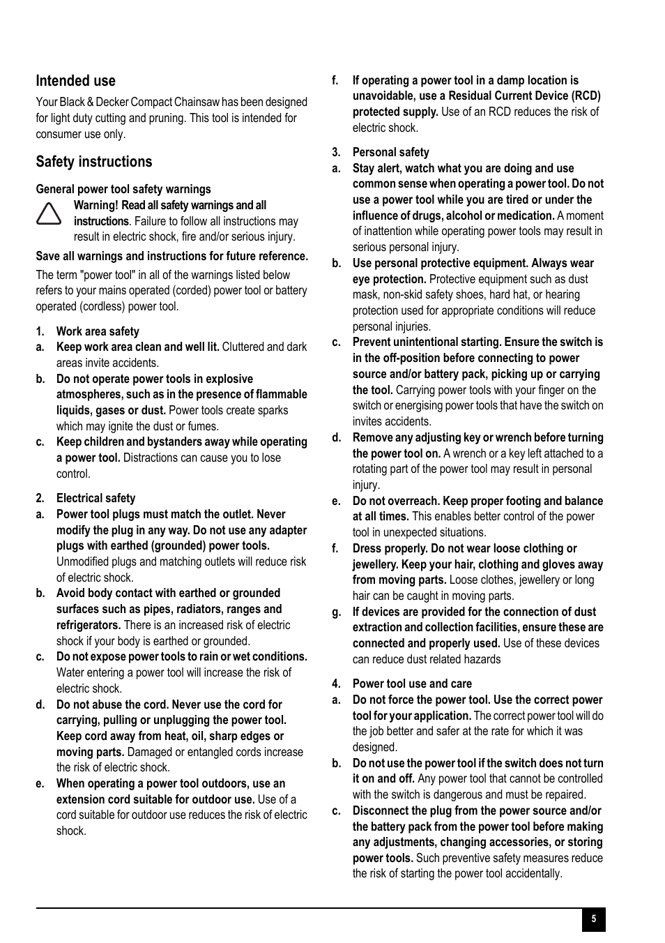 Intended use, Safety instructions | Black & Decker Powerufl Solutions GKC1817L User Manual | Page 5 / 16