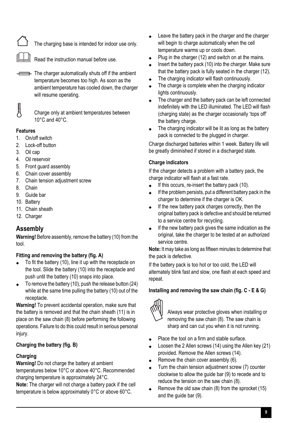 Assembly, The charging indicator will flash continuously, If this occurs, re-insert the battery pack (10) | Place the tool on a firm and stable surface, Remove the chain cover assembly (6) | Black & Decker Powerufl Solutions GKC1817L User Manual | Page 9 / 16