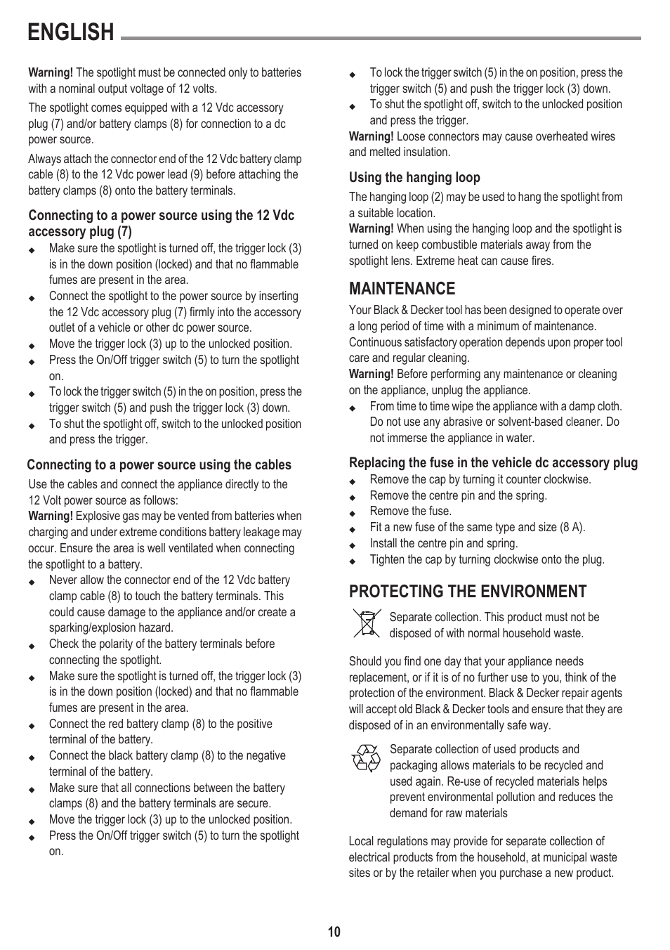 English, Maintenance, Protecting the environment | Black & Decker BSL300-LA User Manual | Page 10 / 12