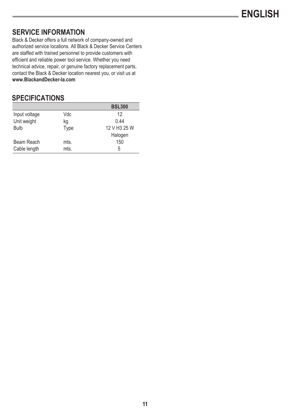 English, Service information, Specifications | Black & Decker BSL300-LA User Manual | Page 11 / 12