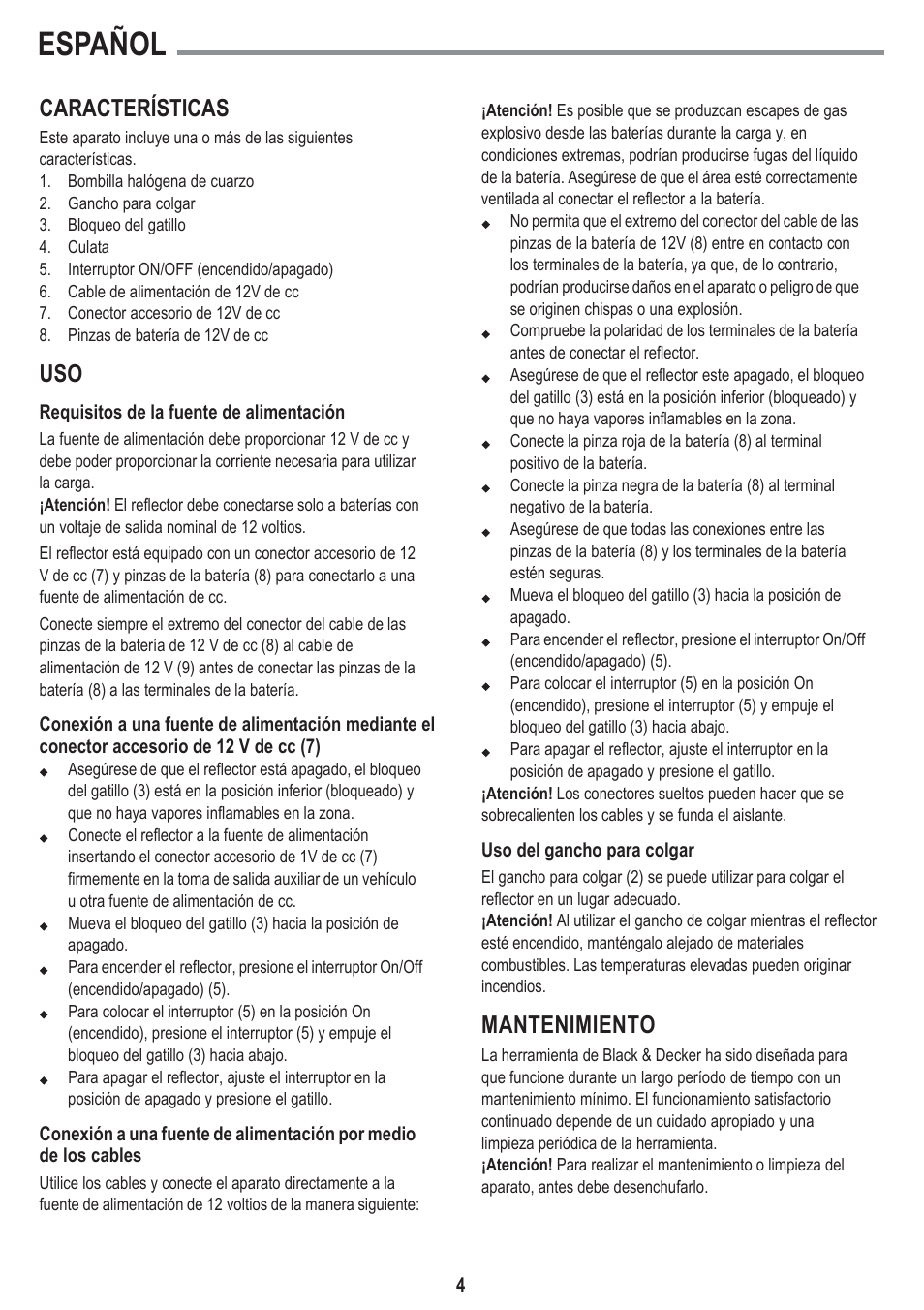 Español, Características, Mantenimiento | Black & Decker BSL300-LA User Manual | Page 4 / 12