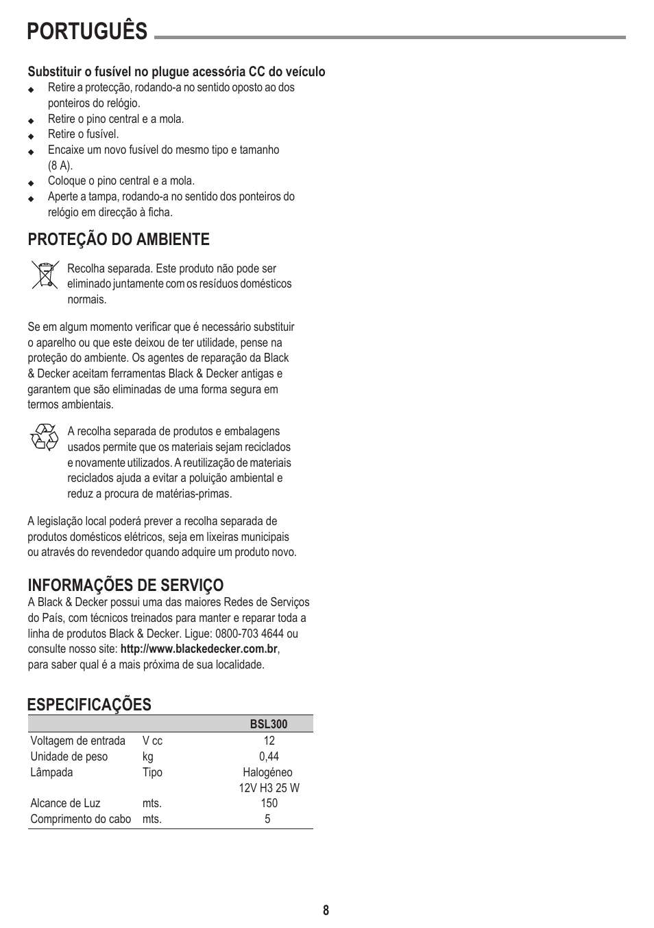 Português, Proteção do ambiente, Informações de serviço | Especificações | Black & Decker BSL300-LA User Manual | Page 8 / 12