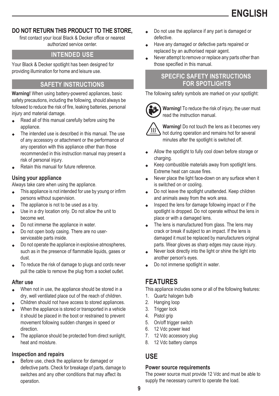 English, Features | Black & Decker BSL300-LA User Manual | Page 9 / 12