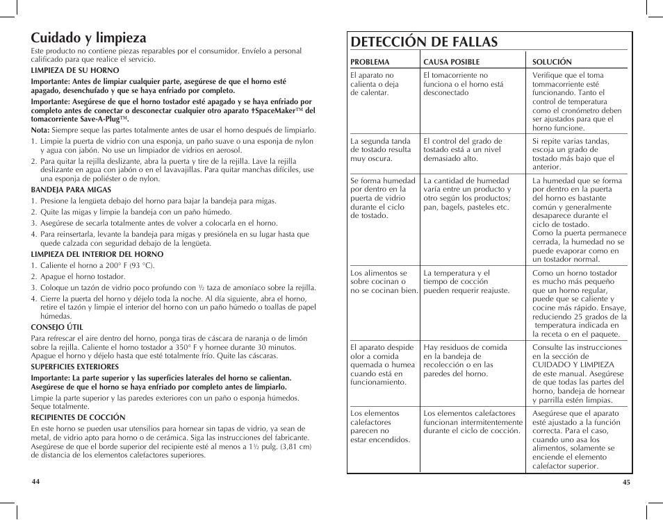 Detección de fallas, Cuidado y limpieza | Black & Decker TROS1000Q User Manual | Page 23 / 27
