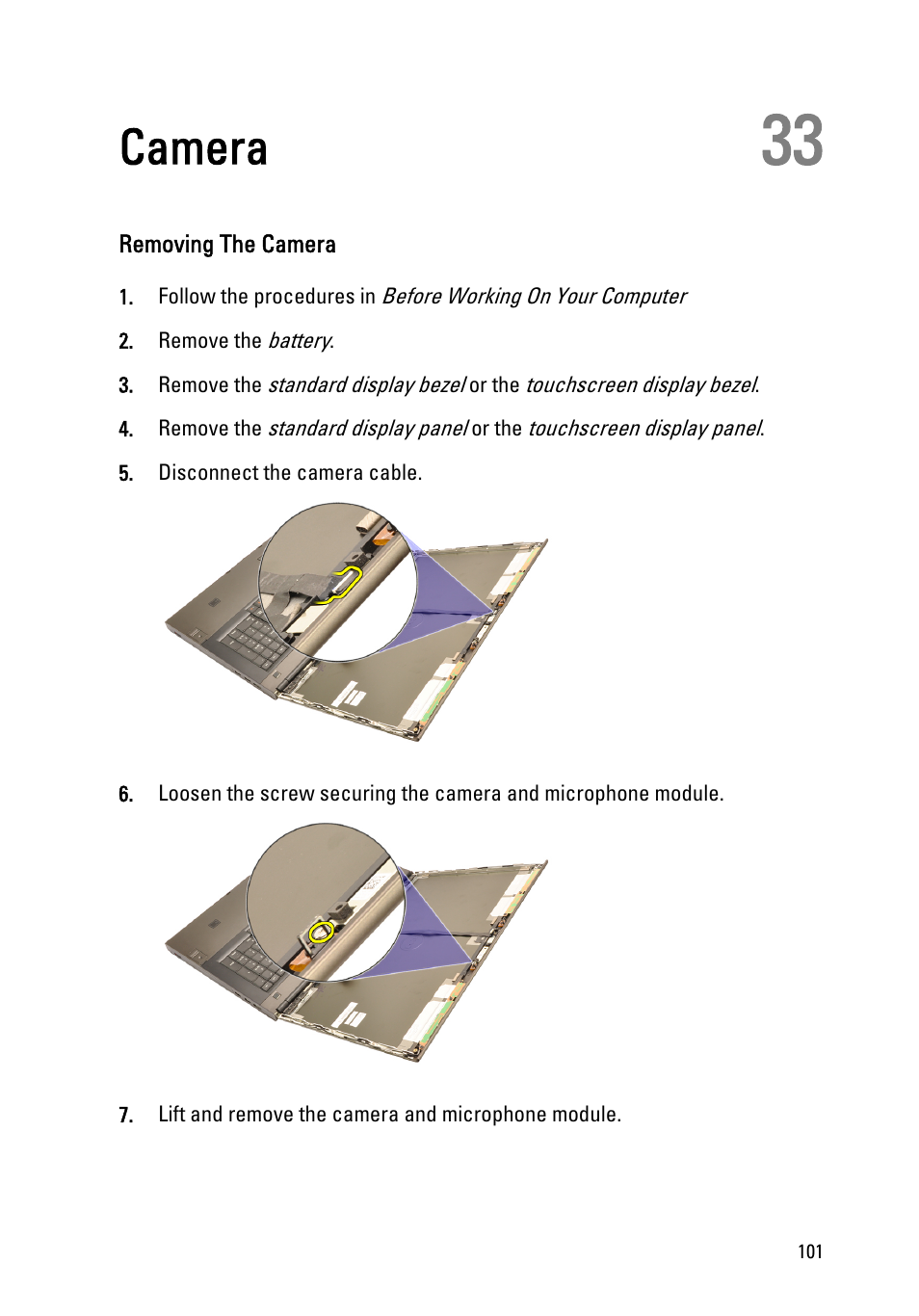 Camera, Removing the camera, 33 camera | Dell Precision M6600 (Mid 2011) User Manual | Page 101 / 136