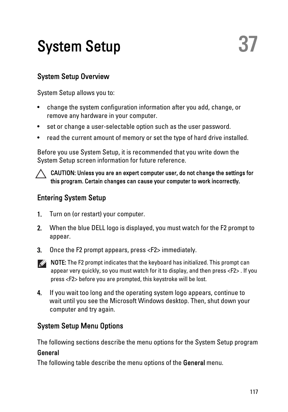 System setup, System setup overview, Entering system setup | System setup menu options, 37 system setup | Dell Precision M6600 (Mid 2011) User Manual | Page 117 / 136